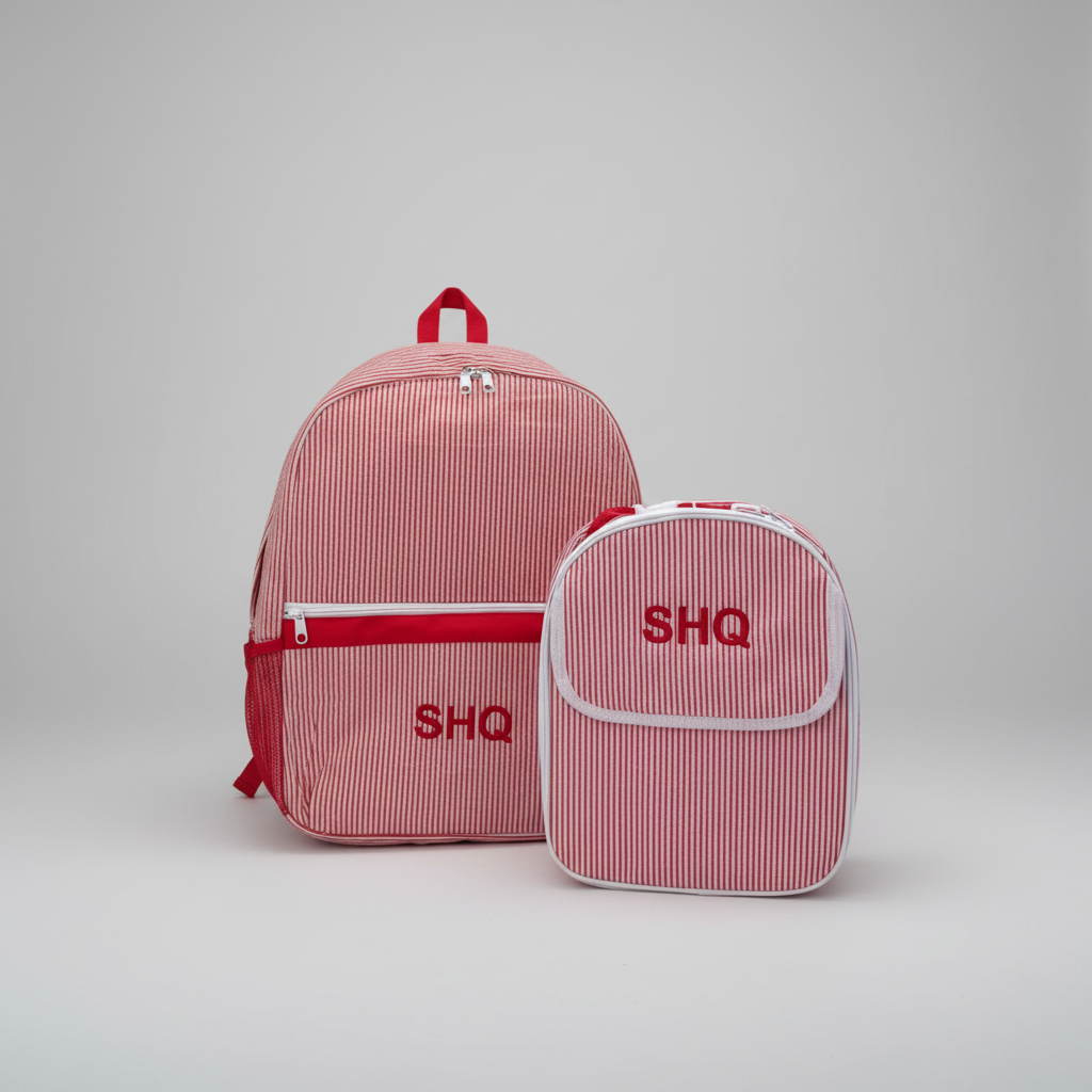 🎒 مجموعة حقيبة ظهر مخططة + حقيبة غداء